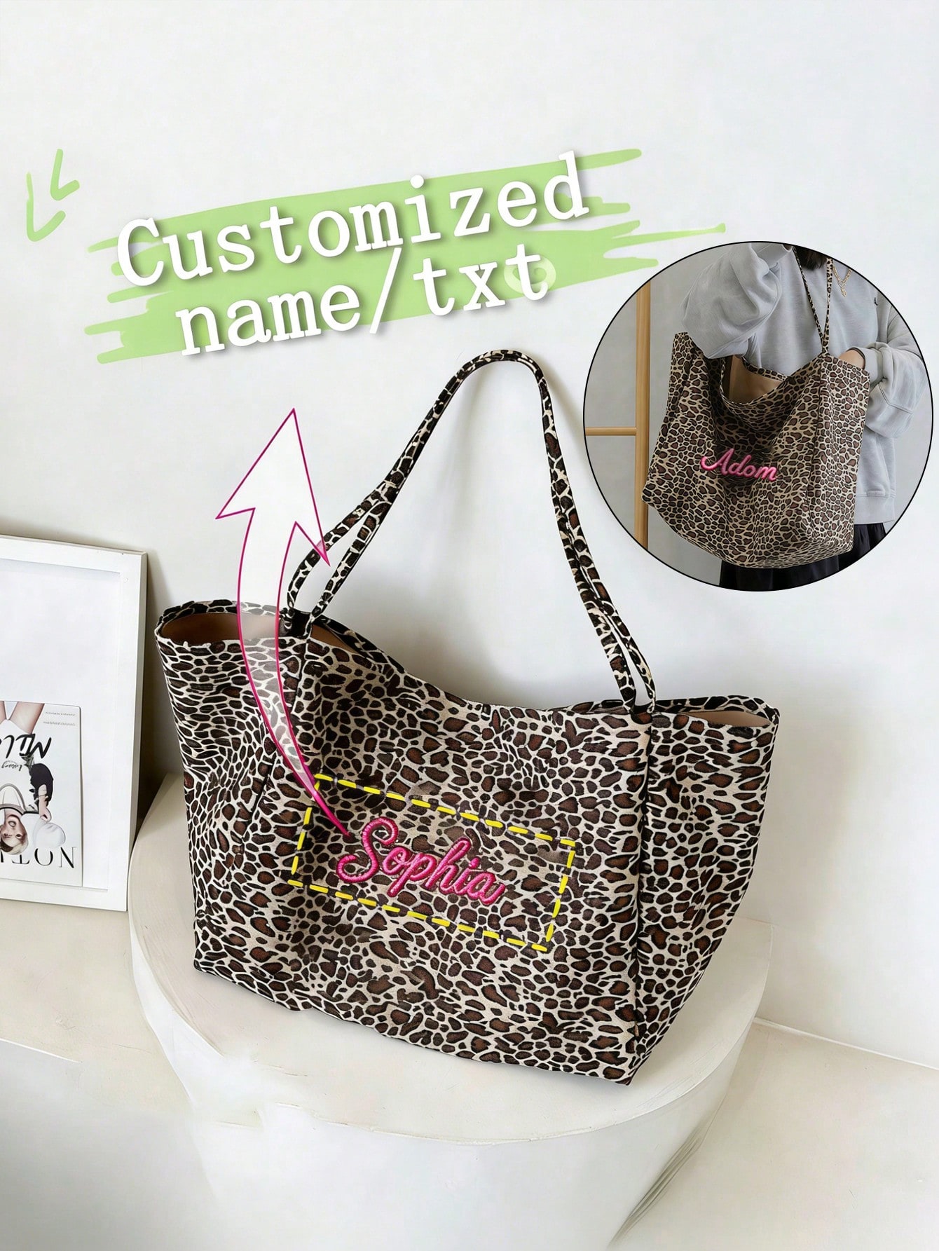 Custom Name Leopard Print Tote - Embroidery Name review and price